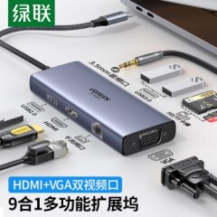 绿联Type-C扩展坞USB-C转HDMI/VGA转换器千兆网卡适用苹果笔记本电脑读卡器拓展坞网线转接头分线器